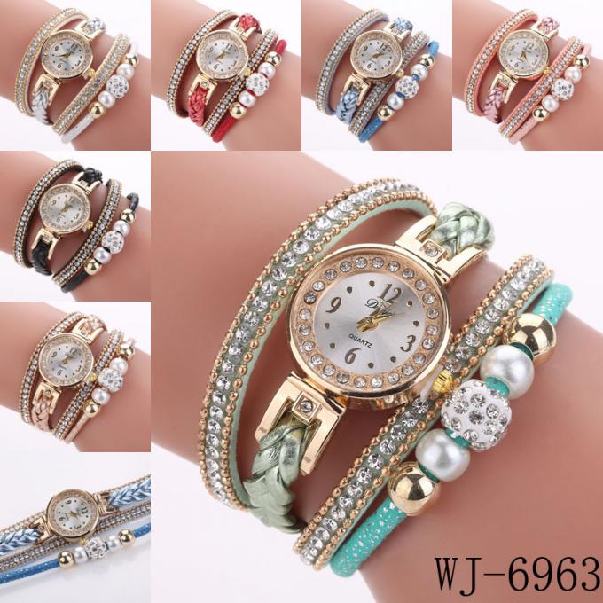 WJ-7029 مد زنان الماس ، ساعت مچی دستبند چرمی دستبند چرمی ، ساعت مچی دستبند چرمی و دستبند چرم را تماشا می کنند